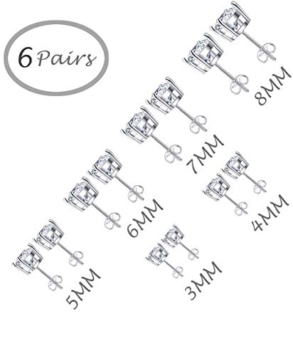 Tornito 6 Pairs 20G Stainless Steel Stud Earrings Square Cubic Zirconia Earring Set For Men Women 3MM-8MM Silver Tone - style: A:6 Pairs,Round CZ