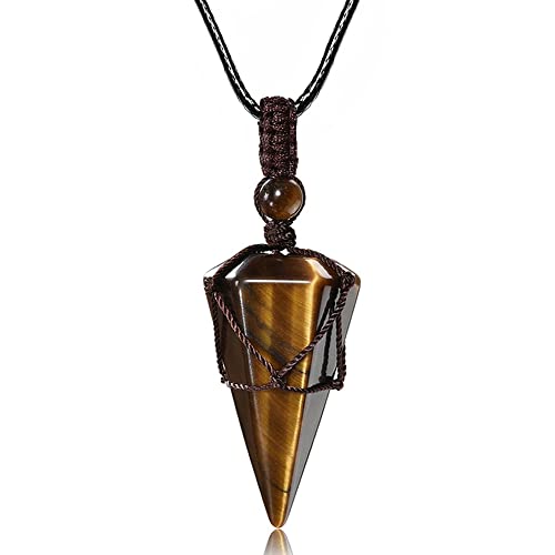Top Plaza Mens Necklace, Crystal Gemstone Protection Pendant Necklace | Healing Crystals Necklace for Men Adjustable 6 Facet Pointed Necklace Energy Natural Quartz Protect Jewelry Gifts - color: Yellow - Tiger Eye Stone
