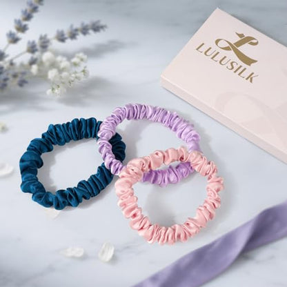 LULUSILK Small Silk Hair Ties No Damage, 100% Real Mulberry Silk, Skinny Scrunchies Ponytail Holders for Thin Fine Hair, Pink Peacock Blue and Lavender, Pack of 3 - color: Pink&Peacock Blue&Lavender