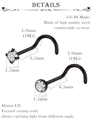 18G 20G 22G Stainless Surgical Steel Titanium Nose Rings Studs for Women L Shaped Nose Studs Screw Nose Rings Nostrial Piercing Jewelry for Women Men Silver Gold Black - style: 18G/1.5mm CZ/Screw/Black