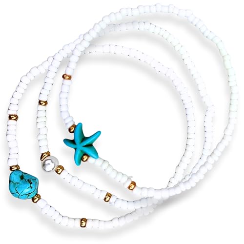 Boho Shell Anklets for Women, 3-Pack Layered Waterproof Ankle Bracelet, Seashell & Starfish Bead Foot Jewelry for Summer Beach Outfits - color: Starfish White
