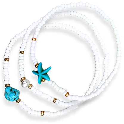Boho Shell Anklets for Women, 3-Pack Layered Waterproof Ankle Bracelet, Seashell & Starfish Bead Foot Jewelry for Summer Beach Outfits - color: Starfish White