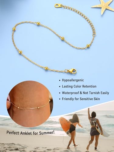 FaithHeart Waterproof Ankle Bracelets for Women, 1/2/3Pcs Non Tarnish Stainless Steel Layered Anklet Set Paperclip Figaro Cuban Link Chain Dainty Summer Beach Jewelry Gift Adjustable Size - style: a.Bead - Gold