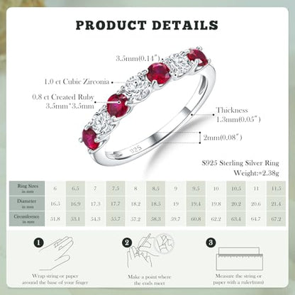3.5mm Stackable Rings S925 Sterling Silver Created Birthstone & Cubic Zirconia Ring for Women Wedding Bands Anniversary Birthday Jewelry Size 6 to 10(with Box) - color: 07-Created Ruby & CZ-Jul