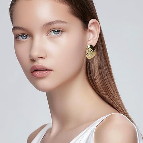 Jean Beau Chunky Gold Stud Earrings for Women Trendy Gold Plated Dangle Drop Prom Birthday Fashion Office Jewelry Gift - color: Gold Shell