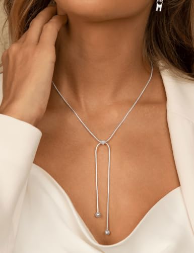 Lariat Gold Silver Necklace for Women Long Dainty Y Necklace 14k Gold Plated Drop Chunky Necklace Trendy Clover Heart Cross Teardrop Cz Pendant Statement Simple Adjustable Jewelry Gift - color: Silver- Beads