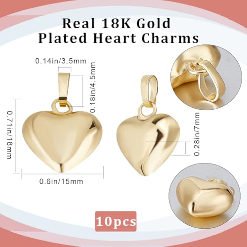 Beebeecraft 1 Box 10Pcs Puffed Heart Charm 18K Gold Plated Smooth Small Love Drops Charms for Jewelry Making Necklace Bracelet DIY Crafts - color: Gold, size: 15x18x7mm