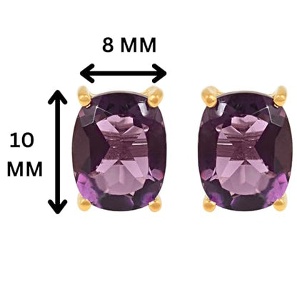 Women's 18K Gold Plated 8x10mm Princess Cut Gemstone Stud Earrings – Birthstone Jewelry for Her – Classic Cushion Studs - color: Amethyst