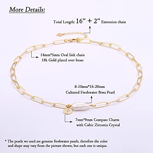 Aobei Pearl 18K Gold Plated Paperclip Chain Choker Satellite Chain Freshwater Cultured Biwa Pearl Pendant Necklace Dainty Turquoise Jewelry for Women - color: Pearl Chain Choker