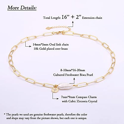 Aobei Pearl 18K Gold Plated Paperclip Chain Choker Satellite Chain Freshwater Cultured Biwa Pearl Pendant Necklace Dainty Turquoise Jewelry for Women - color: Pearl Chain Choker