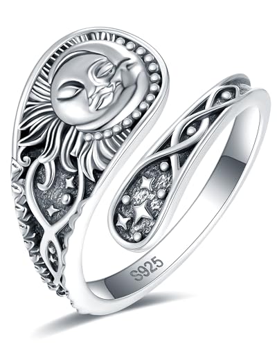 S925-Sterling-Silver Abalone Dragonfly-Turquoise Spoon Ring - Vintage Boho Sunflower Thumb Oxidized Wrap Rings Victorian Style Antique Floral Jewelry Gifts for Women - color: Sun and Moon Ring