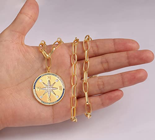 Aobei Pearl 18K Gold Plated Moon Star Lion Evil Eye Love Heart Cross Pendant Necklace Medallion Paperclip Chian Choker Layering Jewery for Women - color: Golden Compass