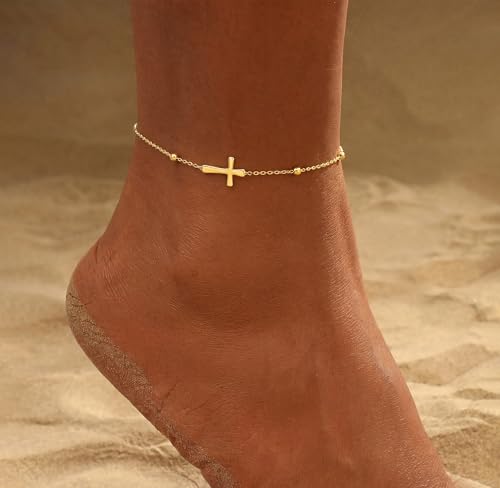 Gold Ankle Bracelets for women,14k Gold/Silver Plated Waterproof Layered lightweight Bow Beaded Twisted Chain Cross Butterfly Satellite Ankle Bracelets Set Gold Anklets for women Trendy Summer Beach Jewelry Gift for Women - style: anklets cross satellite-
