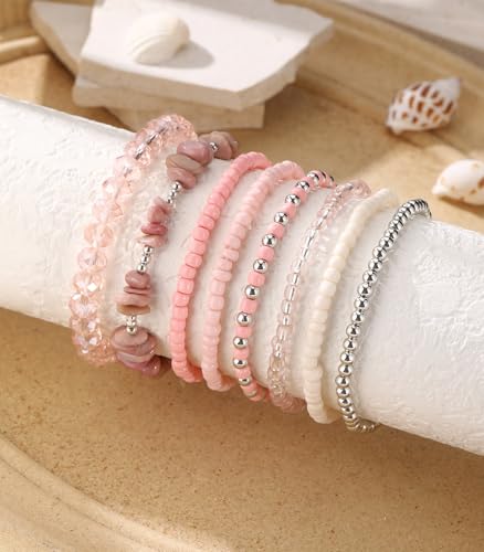 Noessla Boho Beaded Bracelets for Women Stackable Irregular Natural Stone Bead Stretch Bracelet Set 8PCS Costume Jewelry Gifts for Her - color: Pink