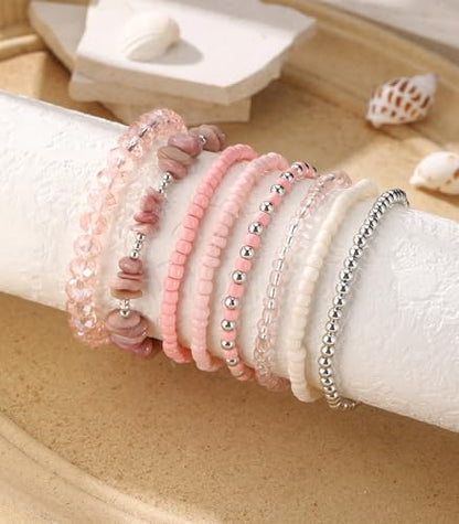 Noessla Boho Beaded Bracelets for Women Stackable Irregular Natural Stone Bead Stretch Bracelet Set 8PCS Costume Jewelry Gifts for Her - color: Pink