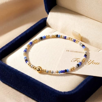 Seed Beaded Stack Bracelets Set for Women,Small Boho 4Pcs Colorful Handmade Dainty Trendy Gold Stretch Accessories Jewelry, Summer Daily Party Friendship Gift - color: Royal Blue