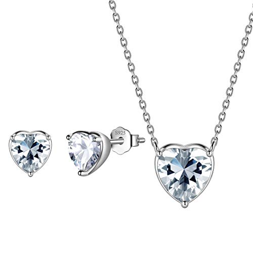 Aurora Tears Hearts Necklace Earrings Jewelry Sets - Women 925 Sterling Silver Birthstone Pendants Earrings Set Crystal Wedding Birthday Jewelry - color: D.April-set