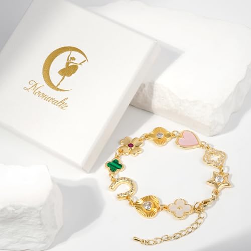 Gold Clover Charm Link Bracelet for Women Elegant Mother of Pearl Lucky Four Leaf Clover Bracelet Cute Colorful Rhinestone Clover Pendant Bracelet Adjustable Link Chain Trendy Party Jewelry Gift - style: lucky