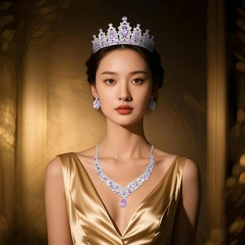 Tiaras and Crowns for Women,Tiaras Earrings Necklace, Crystal Bridal Jewelry Set - color: Purple