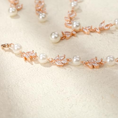 EVER FAITH Cubic Zirconia Pearl Leaf Bridal Jewelry Set for Bride Women | White Wedding Prom Necklace Dangle Earrings Bracelet, for Bridesmaid - color: Marquise_Rose Gold-Plated-Brass