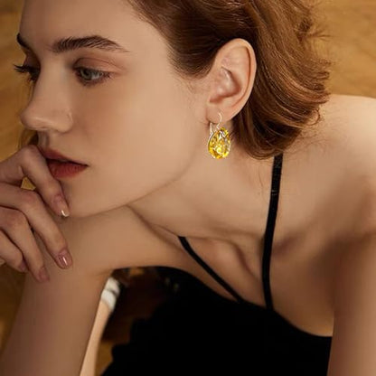 14K Gold Teardrop Crystal Leverback Earrings Sparkly Rhinestone Water Droplet Dangle Drop Earrings For Women - color: Orange