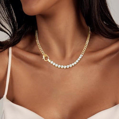 Luxval Tennis Necklace 14K Gold Plated Rhinestone Butterfly Choker Necklaces for women Dainty Zirconia Cut Faux Diamond chain 3mm - color: Gold-Cuban tennis