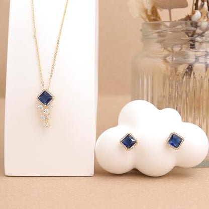 Gold Silver Stud Earrings Pendent Necklace Sets for Women, Dainty Rhinestone Crystal Necklace Earing Jewelry Set Wedding Accessories Fashion Holiday Gift - color: blue Navy rhinestone