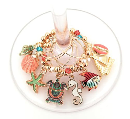 Pixie Beach & Nautical Wine Charms, 8 Piece Set – Seashell, Starfish & Sea Turtle Glass Tag Identifiers, Summer Party Favors & Host Gift