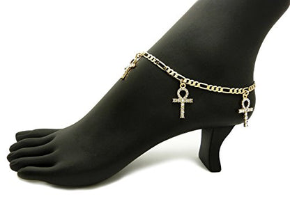 Fashion 21 Women's Cross, Ankh, Queen Nefertiti Piece 10 inches Figaro Chain Anklet Foot Bracelet in Gold Tone - style: Three Ankh Pieces / Figaro