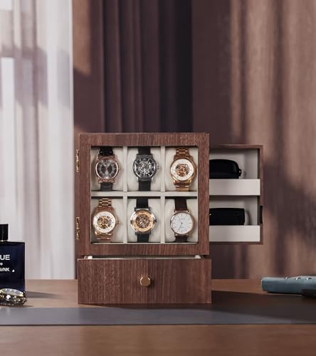 Homde Wooden Watch Box for Men: Display Case with 6 Slots | Organizer for Watches Glasses Jewelry - Nightstand Dresser Display-Clear Dustproof Window for Easy Viewing (M Size) - size: M