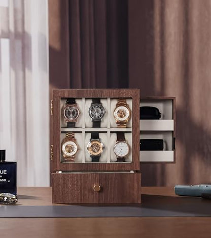 Homde Wooden Watch Box for Men: Display Case with 6 Slots | Organizer for Watches Glasses Jewelry - Nightstand Dresser Display-Clear Dustproof Window for Easy Viewing (M Size) - size: M