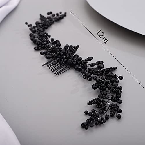 Chargances Crystal Beaded Bridal Hair Vine Comb with Pearls, Black Rhinestone Handmade Headpiece for Wedding, Prom, Flower Girl - color: Black
