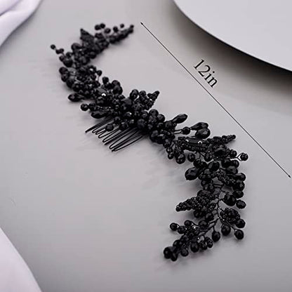 Chargances Crystal Beaded Bridal Hair Vine Comb with Pearls, Black Rhinestone Handmade Headpiece for Wedding, Prom, Flower Girl - color: Black