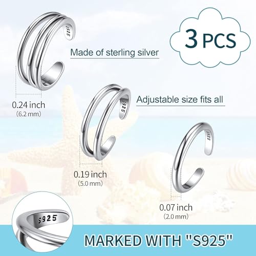 ChicSilver Toe Rings for Women 925 Sterling Silver Adjustable Toe Ring | 925 sterling silver, hypoallergenic for sensitive skin, adjustable open band, summer beach wear gift - color: L: Simple Rings Set (3PCS)
