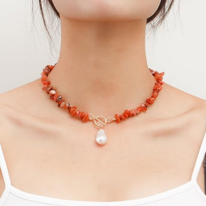 Bohemian Stone Pearl Choker Necklace for Women Dainty Natural Irregular Stone Choker Turquoise Beaded Lariat Necklace Simple Fashion OT Toggle Spiritual Handmade Jewelry - color: Red