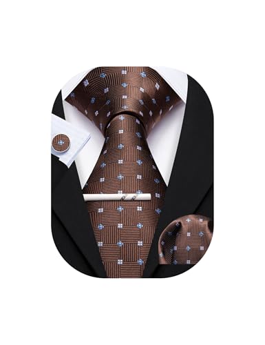 YOHOWA Men Plaid/Striped Ties Clip Set Silk Necktie Pocket Square Cufflinks | Woven Classic,Formal/Casual Mens Tie,Pocket Square Cufflinks Set,Luxury,Business,Wedding,Party,Prom,Graduation - color: Brown