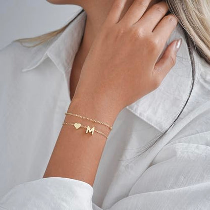 Gold Initial Bracelets for Women Trendy, Dainty Layered 14K Gold Plated Heart Letter Charm Bracelets, letter beads for name bracelets Jewelry Gifts - color: Gold-M