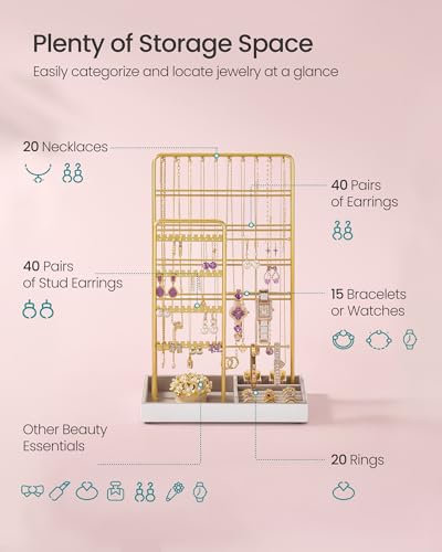 SONGMICS Necklace Holder, Jewelry Stand Holder Organizer, Jewelry Display with Metal Frame, Velvet Tray, Earring Bracelet Holder, for Gift Idea, 5.5 x 9.4 x 14.1 inch, Pale Gold UJJS028A01 | Necklace Earring Bracelet Holder, for Studs, Rings, Gift Idea, P