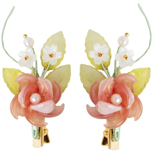 A Pair Wedding Hair Clips, Handmade Floral Design Crystal Hair Clips Pearl Barrettes, Rhinestones Flower Clips Pearl Headpieces Hair Pins Hair Accessories for Women Girls (Green&Pink) - color: Green&Pink