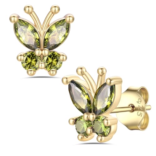 Bestyle Gold Butterfly Earrings for Women, Dainty Cute Birthstone Studs Hypoallergenic Jewelry, Great Birthday Gift - style: August (Peridot)-Gold STUD