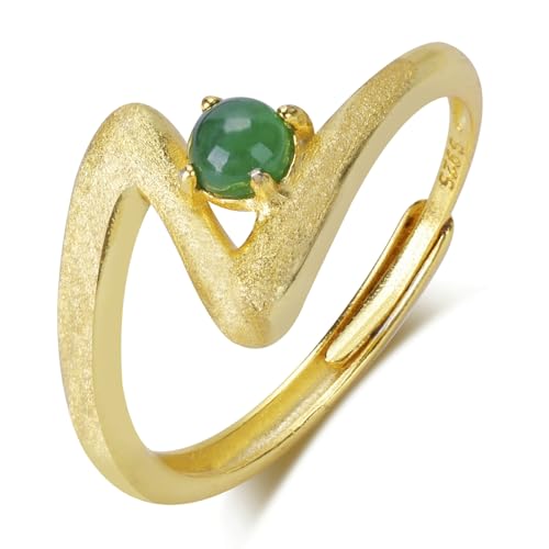 MRW Rings For Women Handmade Natura Green 925 Sterling Silver Gold Plated Zircon Ring Jewelry For Women - color: NATURAL JADE