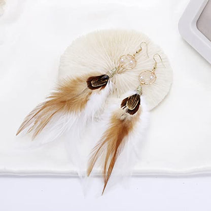Bohemian Pheasant Peacock Long Feathers Statement Earrings Handmade Natural Lightweight Feather Dangle Earrings for Women (ea000071) - color: Dreamcatcher Brown