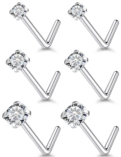 18G 20G 22G Stainless Surgical Steel Titanium Nose Rings Studs for Women L Shaped Nose Rings Screw Nose Studs Nostrial Piercing Jewelry for Women Men Silver Gold Black - style: 18G/Clear CZ/L-shaped/Silver