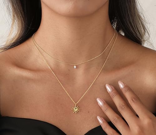 Gold Necklace For Women, Layered 14K Real Gold Plated Necklaces For Women,Dainty Gold Paperclip Chain Tear Circle CZ Pendant Necklace Stack,Trendy Gold Jewelry Set Gifts - style: Layered Diamond CZ Sun Pendant-Gold