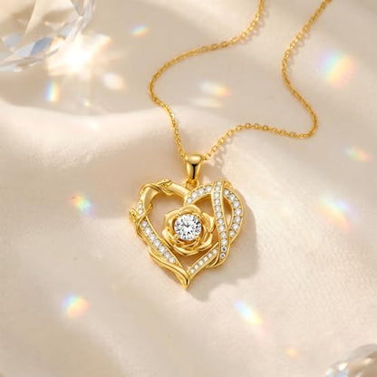 KQ&TTENG Heart Necklaces for Women 14K Gold Plating Hearts Necklace CZ Romantic Rose Pendant Mothers Day Anniversary Birthday Gift for Wife Mom Her - style: 12-Rose Ribbon Necklace