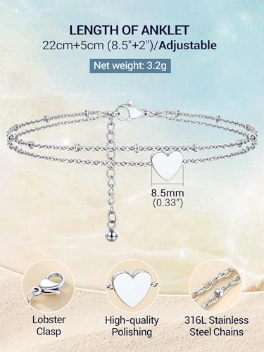 PROSTEEL Ankle Bracelets for Women, Silver/Gold/Black, Waterproof Anklets | Waterproof, Stainless Steel, Summer Beach Jewelry, Durable & No Tarnish, Come with Gift Box, 8-10.5" Adjustable, Plus Size - color: E: silver-heart layered