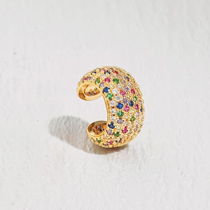 Chunky Ear Cuff Earrings for Women Single | Non Piercing, Clip On, 14K Gold Plated, Cubic Zirconia, Hypoallergenic, Jewelry Gifts - style: Colorful Wide