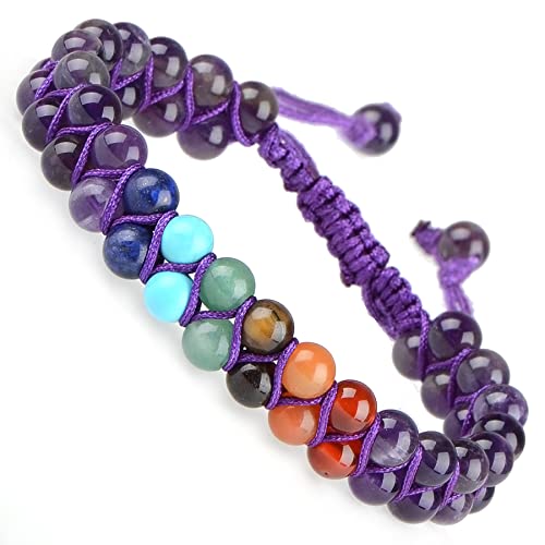 MASSIVE BEADS Double Layer Natural Chakra Healing Power Crystals Macrame Bracelet Yoga Stone Beads Gemstone Meditation Relax Anxiety Bangle for Unisex Women Men - color: 7-Chakras&Amethyst, size: 6mm