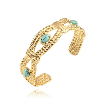 PERNNLA PEARL Dainty Gold Bar Bracelet for Women Simple Delicate Thin Cuff Bangle Hook Bracelet 18K Gold Plated Handmade Minimalist Jewelry - color: 9.3-Turquoise