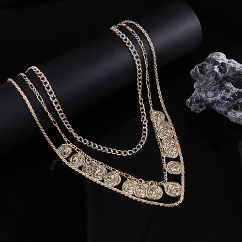 Todenb Layered Gold Pirate Necklace for Women Chunky Chain Pirate Jewelry 80s 90s Coin Pendant Necklace Pirate Costume Accessories - color: cir g
